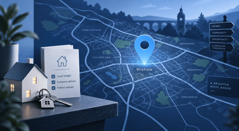 Mortgage Broker in Wishaw location map with home, keys and adviser search icons in Connect Experts branding.