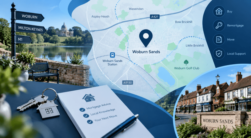Mortgage Broker in Woburn Sands location map with property, homebuying and local mortgage advice icons.