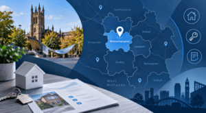 Mortgage Broker in Wolverhampton location map with West Midlands property and mortgage icons.