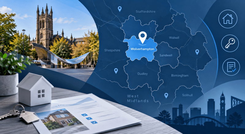 Mortgage Broker in Wolverhampton location map with West Midlands property and mortgage icons.