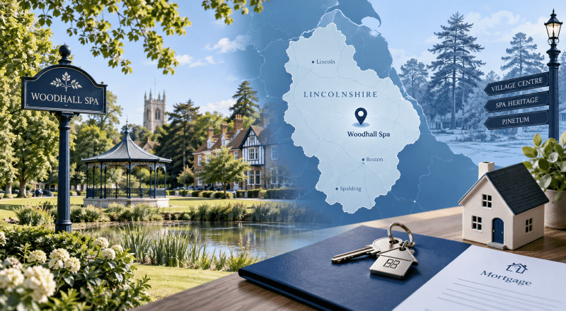 Mortgage Broker in Woodhall Spa with Lincolnshire map pin, village setting, house model and mortgage keys