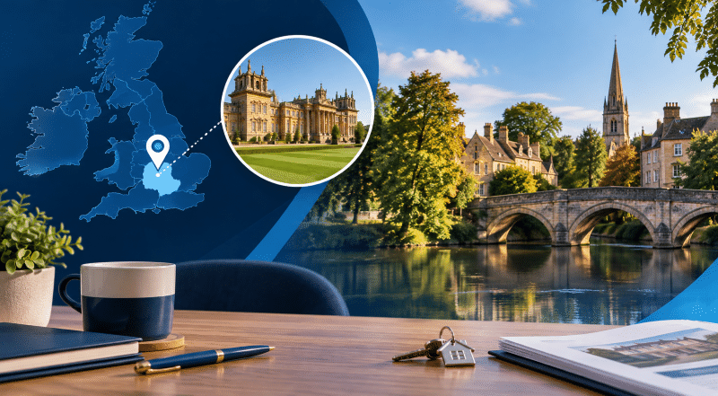 Mortgage Broker in Woodstock, Oxfordshire, with a location map and property-themed local imagery.