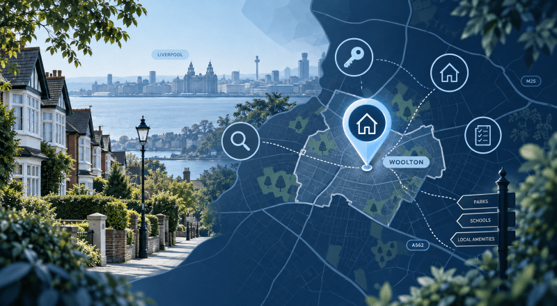 Mortgage Broker in Woolton, Merseyside, with location map, property icons and local residential area imagery.