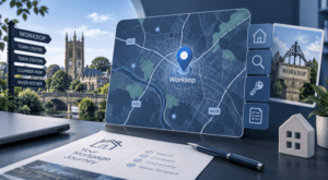 Mortgage Broker in Worksop location map with property search icons and local Worksop landmarks.