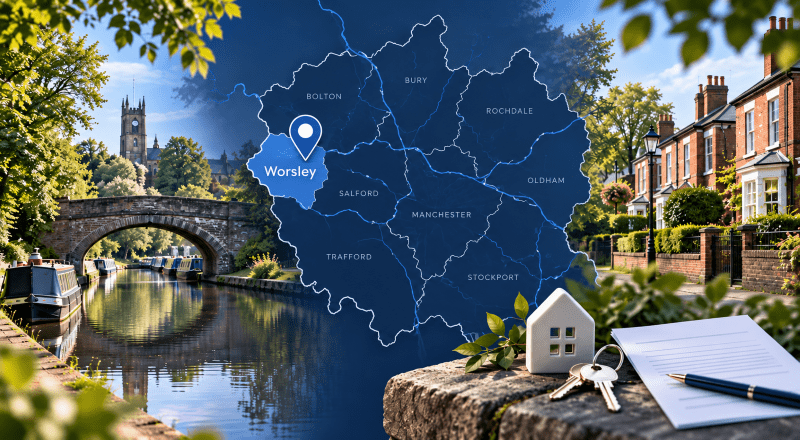 Mortgage Broker in Worsley with Greater Manchester map, Worsley location pin, canal bridge and local homes.