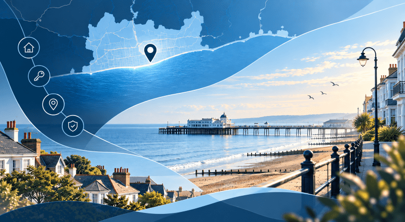 Mortgage Broker in Worthing with coastal map, seafront and property icons