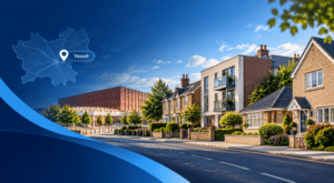 Mortgage Broker in Yeovil hero image showing a Yeovil map pin, a local Somerset landmark, and a street scene with mixed property types including houses and flats.