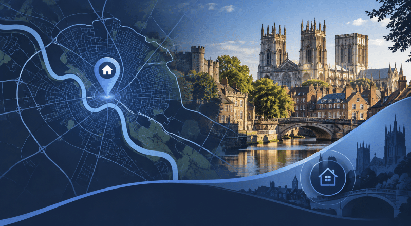 Mortgage Broker in York location map with York Minster and property icons in Connect brand colours.