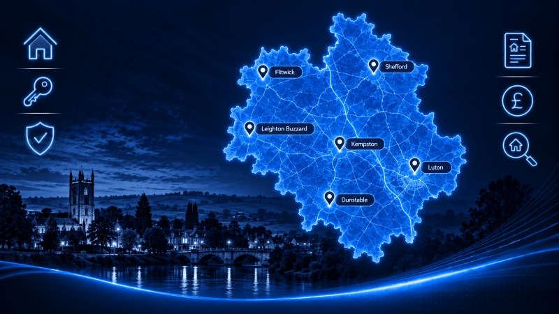 Mortgage Brokers in Bedfordshire map showing Bedfordshire locations including Dunstable, Flitwick, Kempston, Leighton Buzzard, Luton and Shefford.