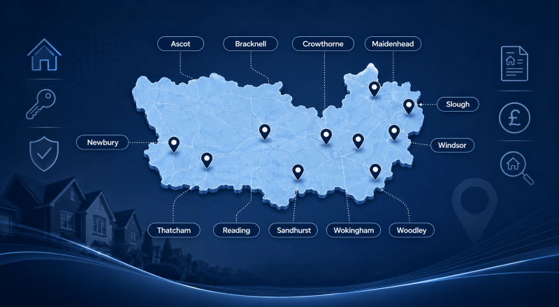 Mortgage Brokers in Berkshire map showing adviser locations across Ascot, Bracknell, Crowthorne, Maidenhead, Newbury, Reading, Sandhurst, Slough, Thatcham, Windsor, Wokingham and Woodley.