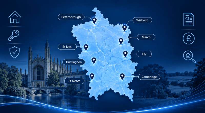 Mortgage Brokers in Cambridgeshire map showing Cambridge, Ely, Huntingdon, March, Peterborough, St Ives, St Neots and Wisbech.