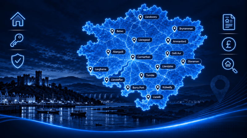 Mortgage Brokers in Carmarthenshire map showing key locations across the county in a blue digital style