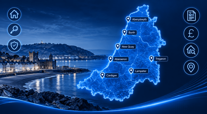Mortgage Brokers in Ceredigion with map highlighting Aberystwyth, Borth, New Quay, Aberaeron, Cardigan, Lampeter and Tregaron.