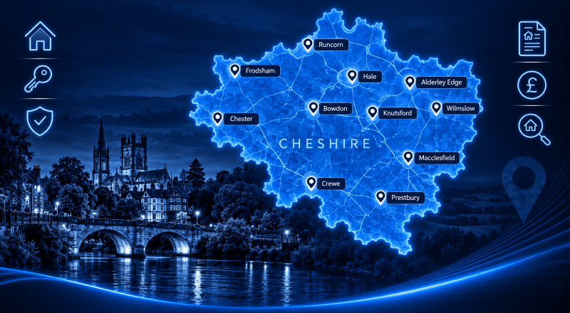 Mortgage Brokers in Cheshire map showing key locations across the county including Chester, Crewe, Knutsford, Wilmslow, Macclesfield and Alderley Edge.