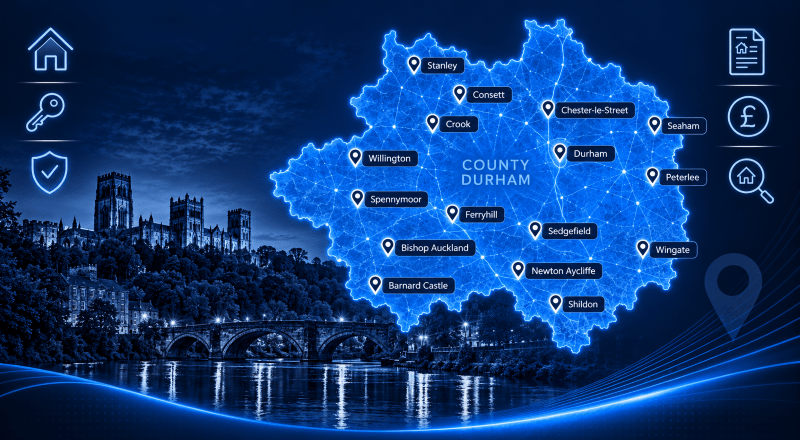 Mortgage Brokers in County Durham map showing key towns and locations across the county
