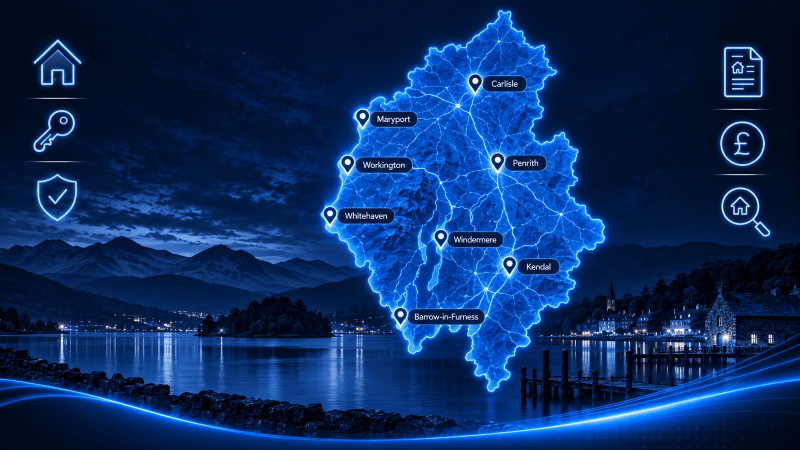 Mortgage Brokers in Cumbria map showing key locations across the county
