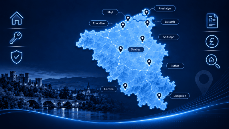 Mortgage Brokers in Denbighshire map showing key locations across the county in a blue digital style.