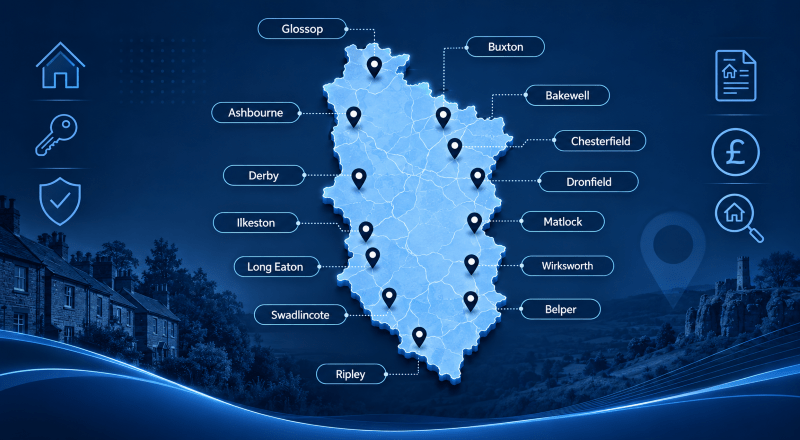 Mortgage Brokers in Derbyshire map graphic showing Derbyshire with location markers for Ashbourne, Bakewell, Belper, Buxton, Chesterfield, Derby, Dronfield, Glossop, Ilkeston, Long Eaton, Matlock, Ripley, Swadlincote and Wirksworth in a dark blue branded design.