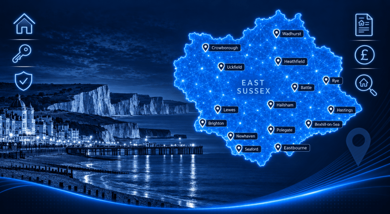 Mortgage Brokers in East Sussex map showing key locations across the county and local mortgage adviser search areas.