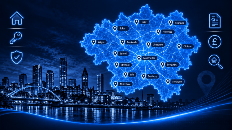Greater Manchester map graphic with location pins and skyline, representing Mortgage Brokers in Greater Manchester.