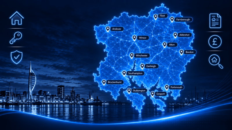 Mortgage Brokers in Hampshire map graphic showing key Hampshire locations, coastal skyline, and mortgage-themed icons in Connect blue branding.