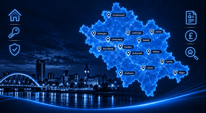 Mortgage Brokers in Lanarkshire map-style image showing key locations across the county in a blue digital design.