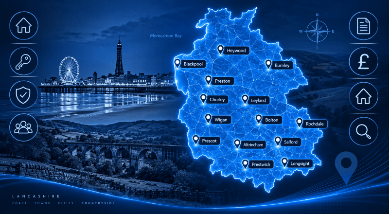 Mortgage Brokers in Lancashire map showing key Lancashire locations and regional property areas.