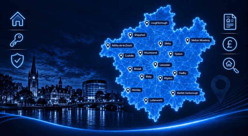 Mortgage Brokers in Leicestershire map showing key locations across the county with property and mortgage-themed icons in Connect Experts blue branding.