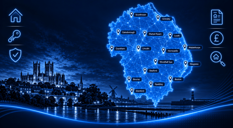 Mortgage Brokers in Lincolnshire map showing key locations including Lincoln, Grantham, Boston, Stamford, Grimsby and Skegness.