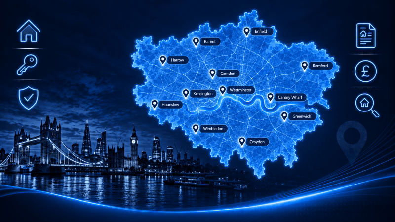 Mortgage Brokers in London map showing key Greater London locations and mortgage search icons.