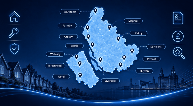 Mortgage Brokers in Merseyside map showing Liverpool, Wirral, Southport, Bootle, Crosby, Formby, Maghull, Kirkby, Prescot, Huyton, St Helens, Birkenhead and Wallasey.