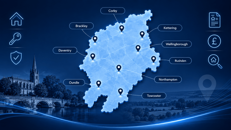 Mortgage Brokers in Northamptonshire map showing key locations including Northampton, Kettering, Corby, Wellingborough, Rushden, Daventry, Towcester, Oundle and Brackley.