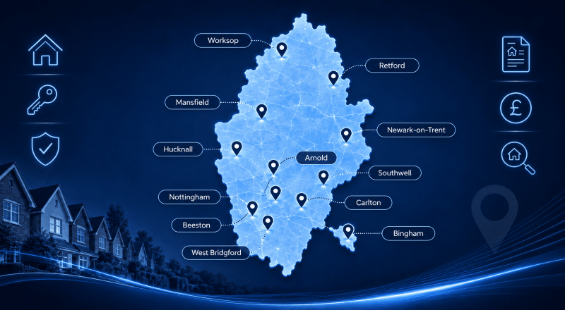 Mortgage Brokers in Nottinghamshire map showing adviser locations across Nottingham, Mansfield, Worksop, Retford, Newark-on-Trent and surrounding areas.