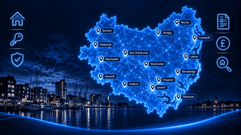 Mortgage Brokers in Suffolk map showing key towns and locations across the county