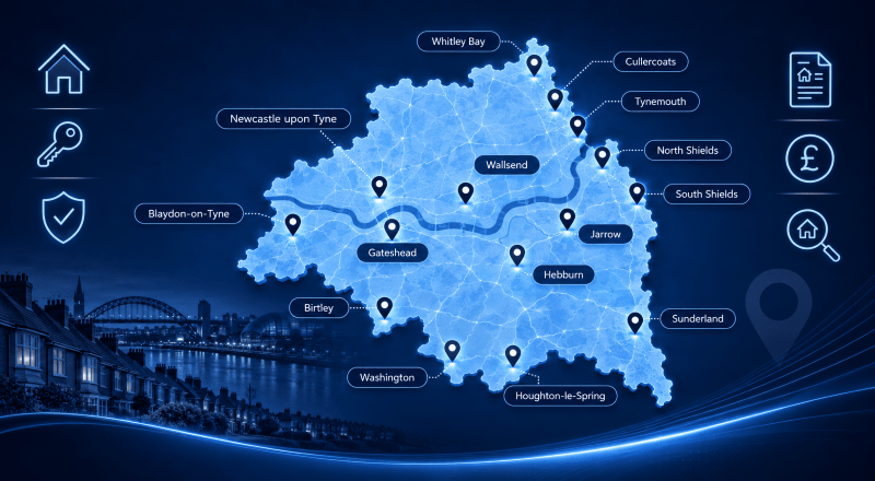 Mortgage Brokers in Tyne and Wear map showing key locations including Newcastle upon Tyne, Gateshead, Sunderland, Tynemouth, Whitley Bay, North Shields and South Shields.