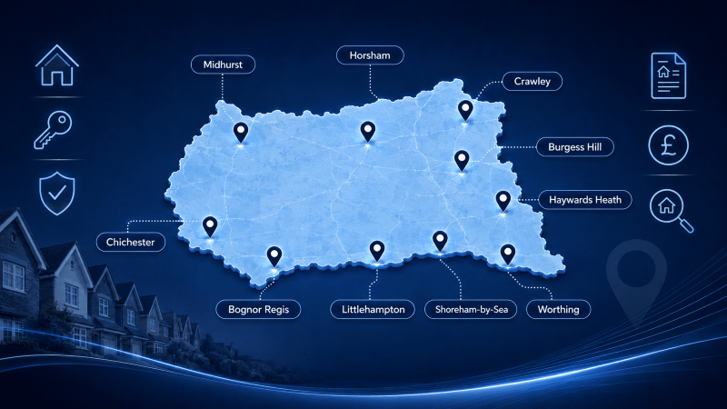Mortgage Brokers in West Sussex location map showing Bognor Regis, Burgess Hill, Chichester, Crawley, Haywards Heath, Horsham, Littlehampton, Midhurst, Shoreham-by-Sea and Worthing.