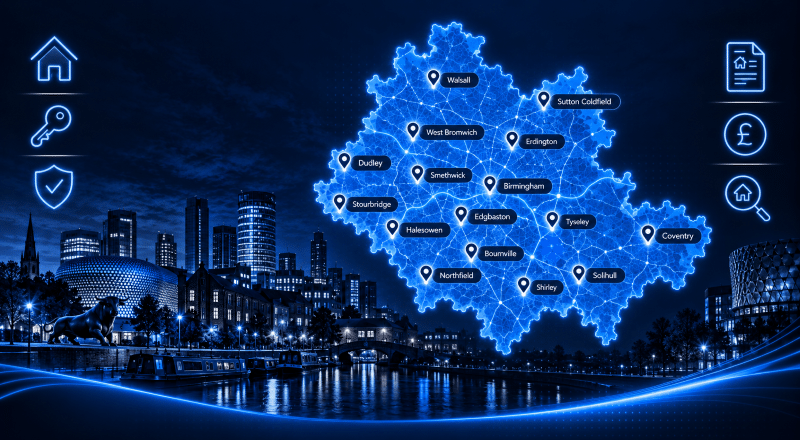 Mortgage Brokers in the West Midlands map graphic showing key locations across Birmingham, Coventry, Solihull, Walsall, Dudley and surrounding areas in a blue digital style.