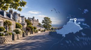 Mortgage Broker in Aberlady, East Lothian, with traditional village homes, coastal scenery and an Aberlady location map marker.