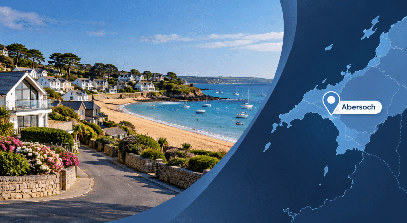 Mortgage Broker in Abersoch – coastal homes, Abersoch beach and location map, Gwynedd