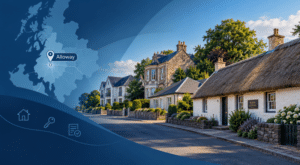 Mortgage Broker in Alloway hero image showing a stylised map of Alloway in Ayrshire, a location pin labelled Alloway, and a quiet village street with a mix of homes and Burns Cottage in the background, using dark and light blue branded tones. Is this conversation helpful so far?