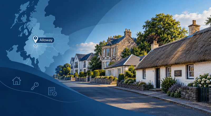 Mortgage Broker in Alloway hero image showing a stylised map of Alloway in Ayrshire, a location pin labelled Alloway, and a quiet village street with a mix of homes and Burns Cottage in the background, using dark and light blue branded tones. Is this conversation helpful so far?