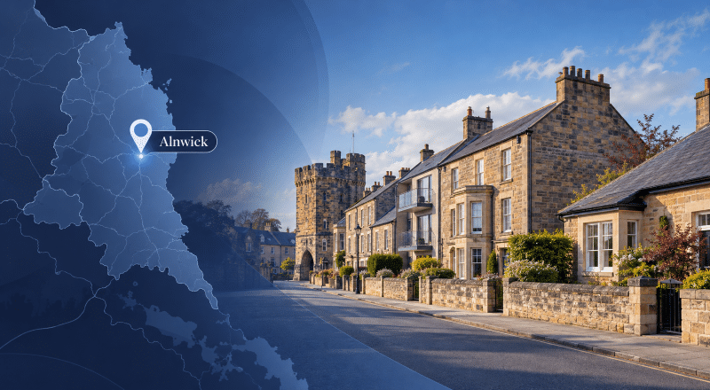 Mortgage Broker in Alnwick hero image showing a map pin for Alnwick and a quiet street with traditional stone homes and a recognised local landmark in Northumberland