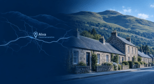 Mortgage Broker in Alva – stone homes beneath the Ochil Hills, with a blue location map and Alva pin in Clackmannanshire.