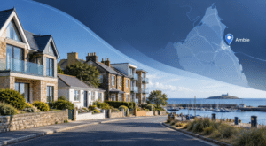 Mortgage Broker in Amble with coastal homes, harbour views, a location map and Amble marker in Northumberland
