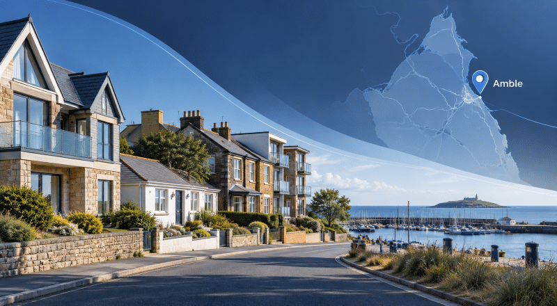 Mortgage Broker in Amble with coastal homes, harbour views, a location map and Amble marker in Northumberland