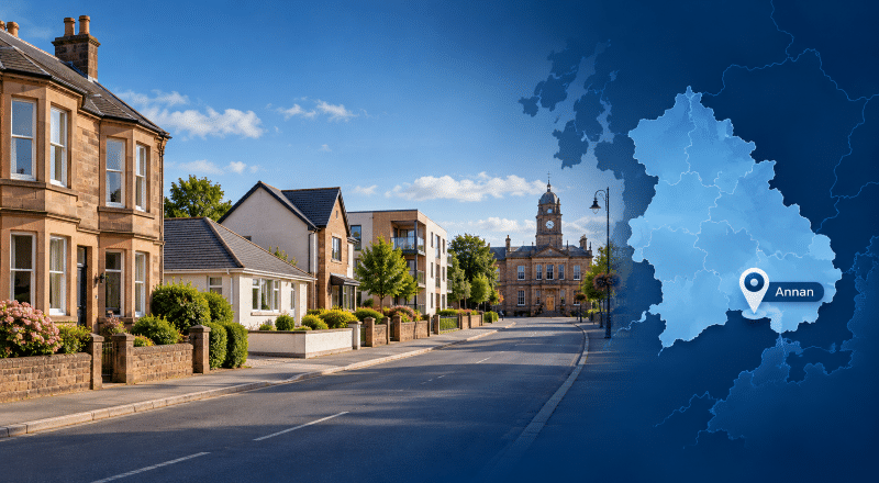 Mortgage Broker in Annan hero image featuring a varied residential street scene, Annan location pin and regional map, with local architectural character in Dumfriesshire.