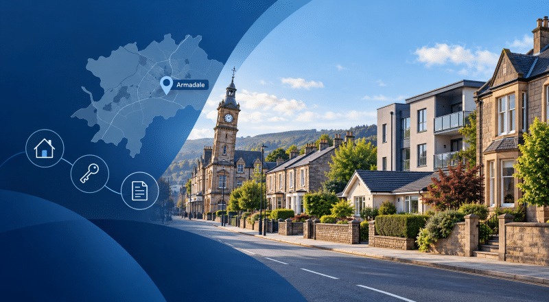 Mortgage Broker in Armadale hero image showing a stylised Armadale map with location pin, property icons, a West Lothian streetscape with mixed homes, and a notable local landmark in an on-brand blue design. Is this conversation helpful so far?