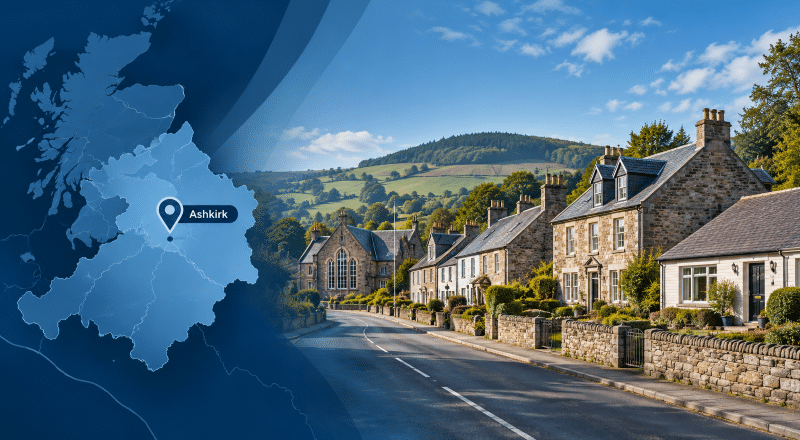 Mortgage Broker in Ashkirk hero image featuring a location map, Ashkirk marker and traditional Scottish Borders homes in Selkirkshire.