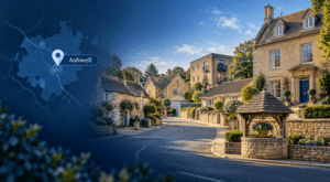 Mortgage Broker in Ashwell hero image showing a map pin for Ashwell and a Rutland village street with a mix of stone homes, cottages, flats and a landmark village well in Connect Experts’ blue branded style.