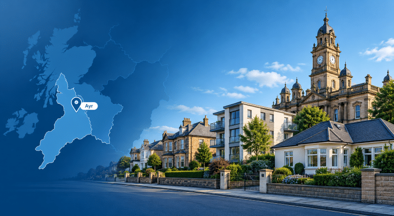 Mortgage Broker in Ayr – location map with Ayr Town Hall and a mix of residential property types in Ayr, Ayrshire. Is this conversation helpful so far?